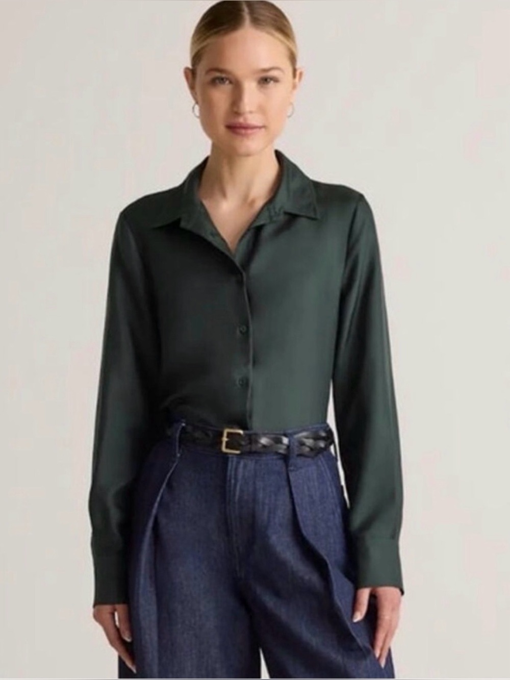 Quince Washable Stretch Silk Collar Blouse Size L green